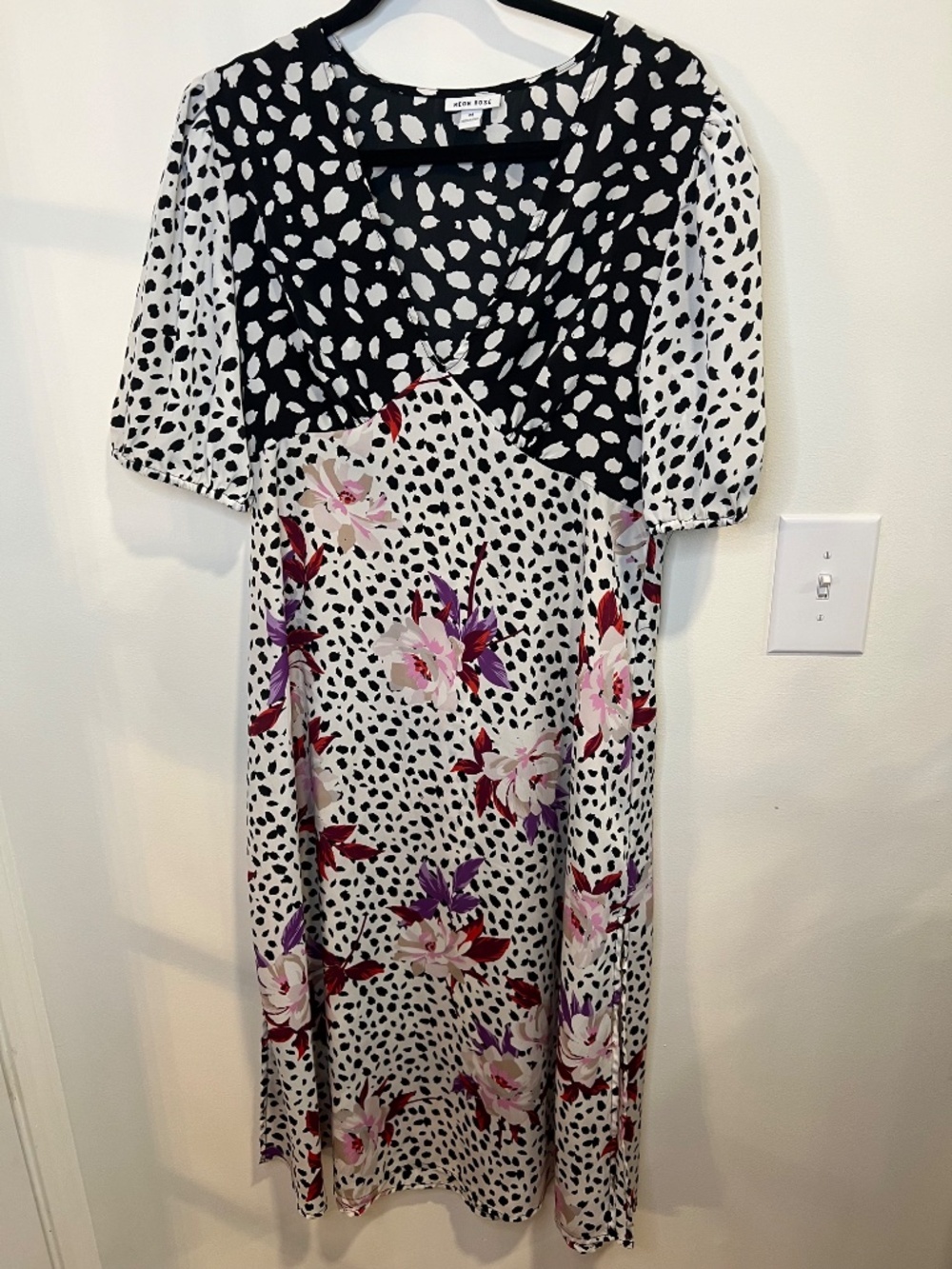Neon Rose Mixed Print Dress M | Floral + Dalmatian Print Boho Mini Dress | Chic